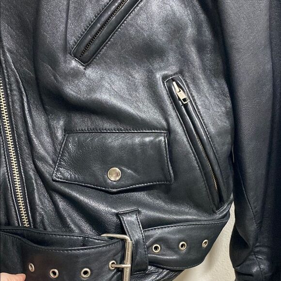 Vintage Tannery West Black Leather Studded Biker Moto Jacket Skull Patch Size‎ S - Picture 6 of 16